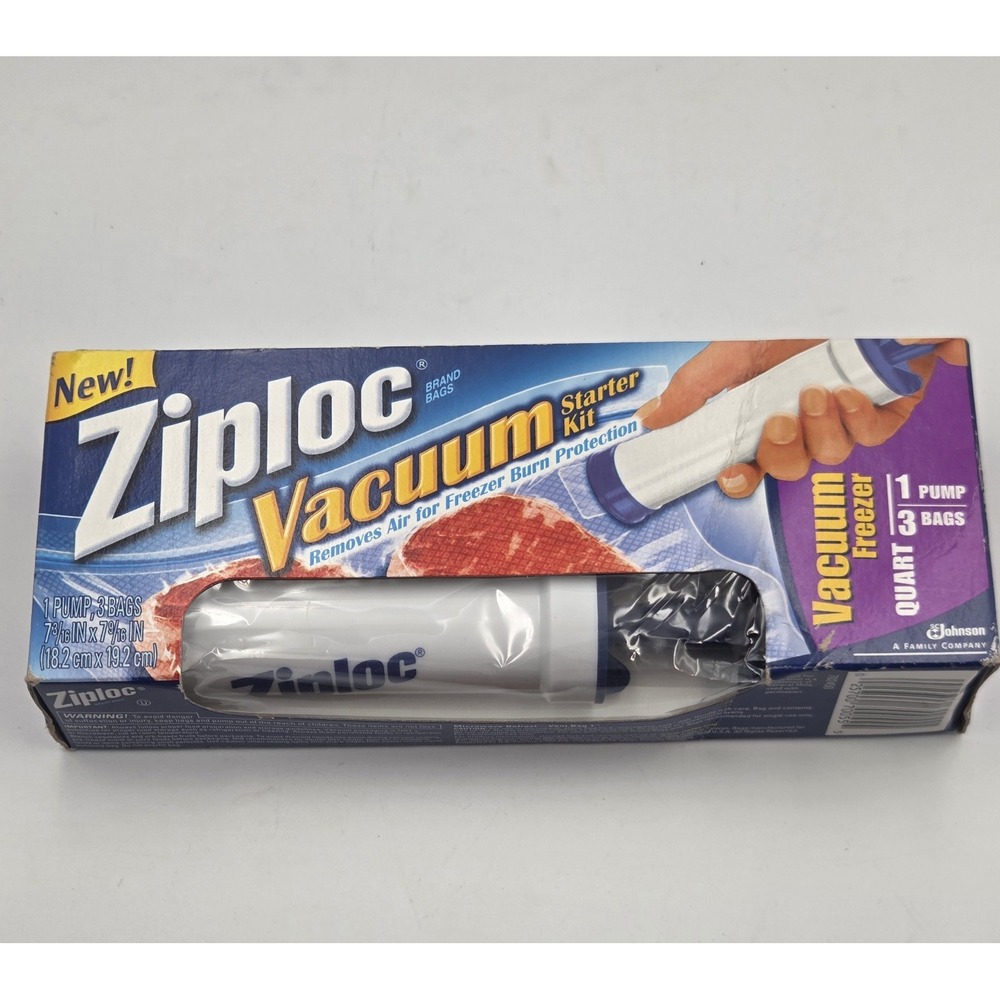 Ziploc Vacuum Starter Kit 1 Freezer Quart Size Pump & 3 Bags New in Box